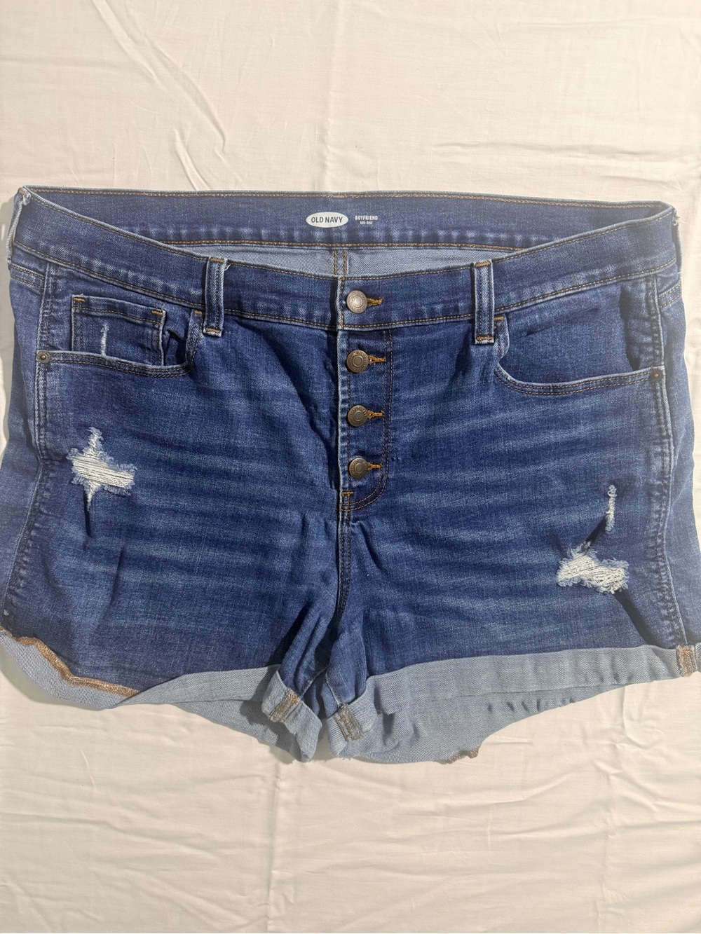 Old Navy Boyfriend Denim Shorts Size 16 Distressed Mid Rise Button Fly Cuffed